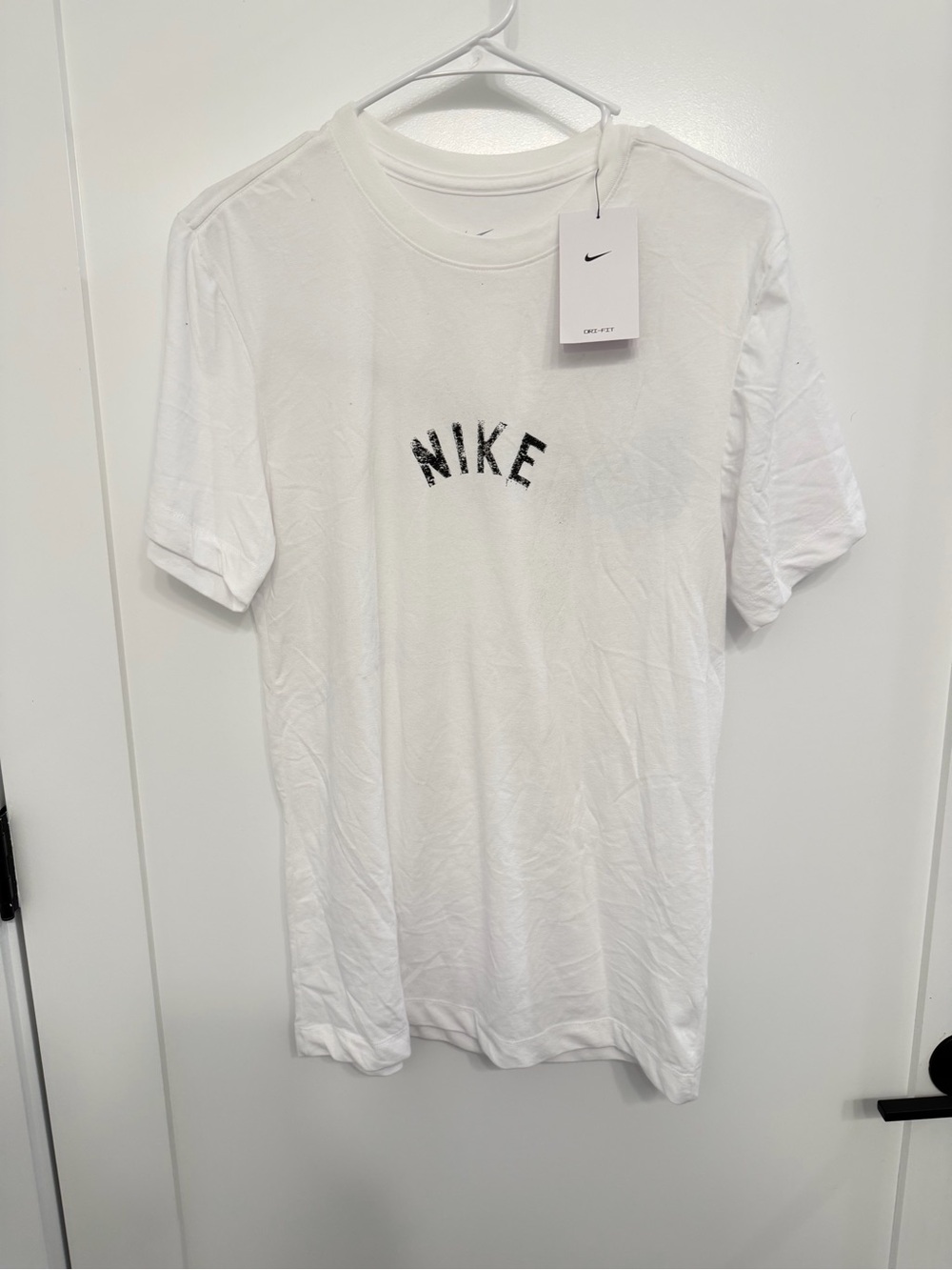 Nike White Crewneck Short-Sleeve T-Shirt with Black Text Logo